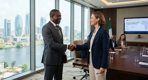 International business delegates meeting with a Nigerian partner